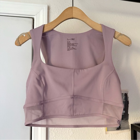 Le Ore dusty pale lavender lilac purple athletic mesh contrast cropped tank top